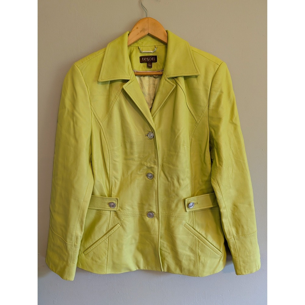 Vintage Y2K Lime Green Leather Blazer Jacket Chartreuse Tesori Womens Large